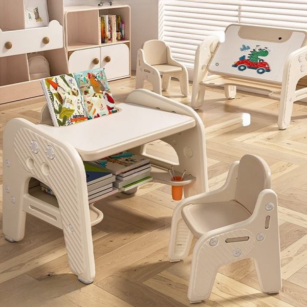 "Chalk Synthetic Material Kids Computer Desk with Chair, Locker, and Shelf"