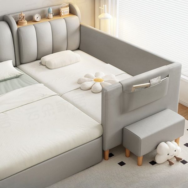 "Dove Grey Pine Wood Standard Kids Bed with Faux Leather, Footboard, Coir Mattress, Guardrail Storage in Headboard"