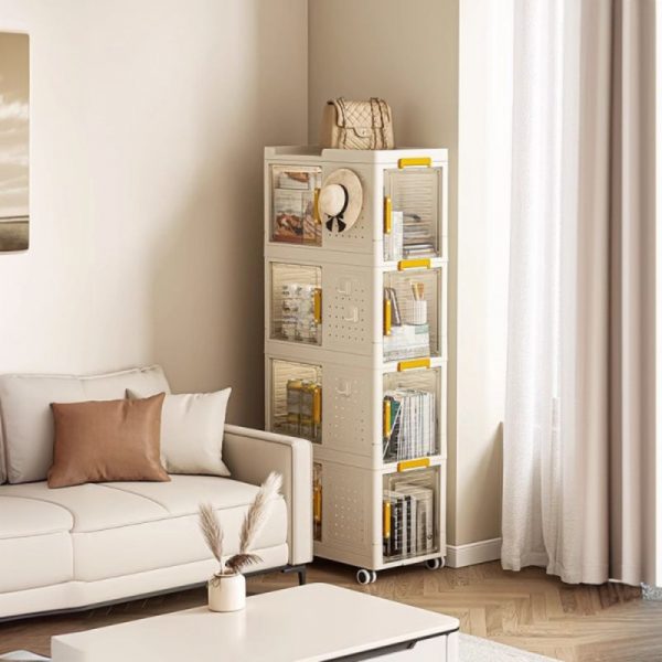 "Cream Standard Children's Bookshelf with Swivel Wheels, 4/5 Shelves, Vertical, Synthetic Material, 6/8 Doors, Scratch-defiant"
