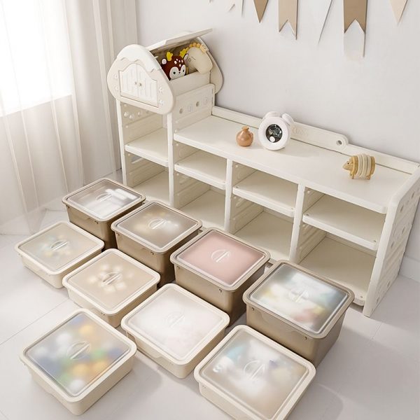 "Beige Standard Kids Bookshelf with 3/4 Shelves, Vertical Orientation, Polymerized Material, 2/4 Doors, Unfixed, Double-sided Design"