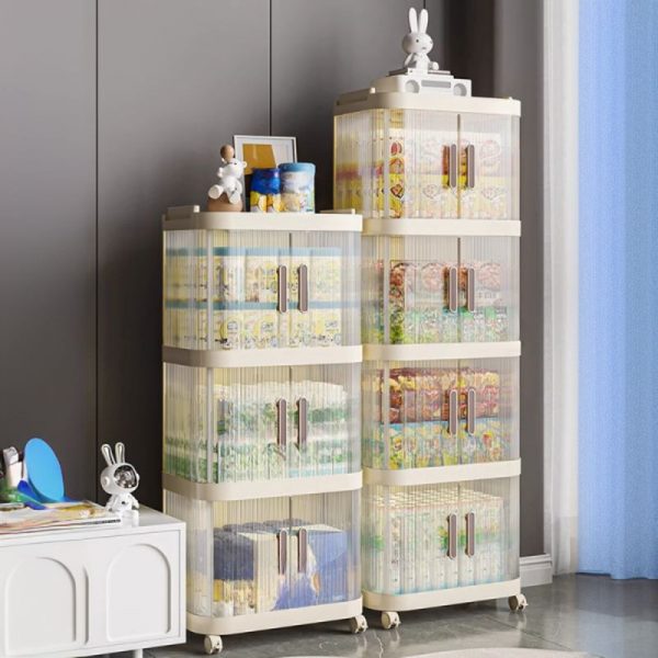 "Transparent Art Deco Standard Kids Bookshelf with Caster Wheels, Multiple Shelves & Doors, Polymerized Material, Vertical/Horizontal Orientation"