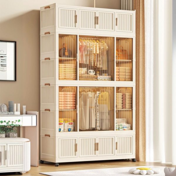 "Beige Polymerized Material Children's Wardrobe with Shelf, Clothing Rod, and Door"